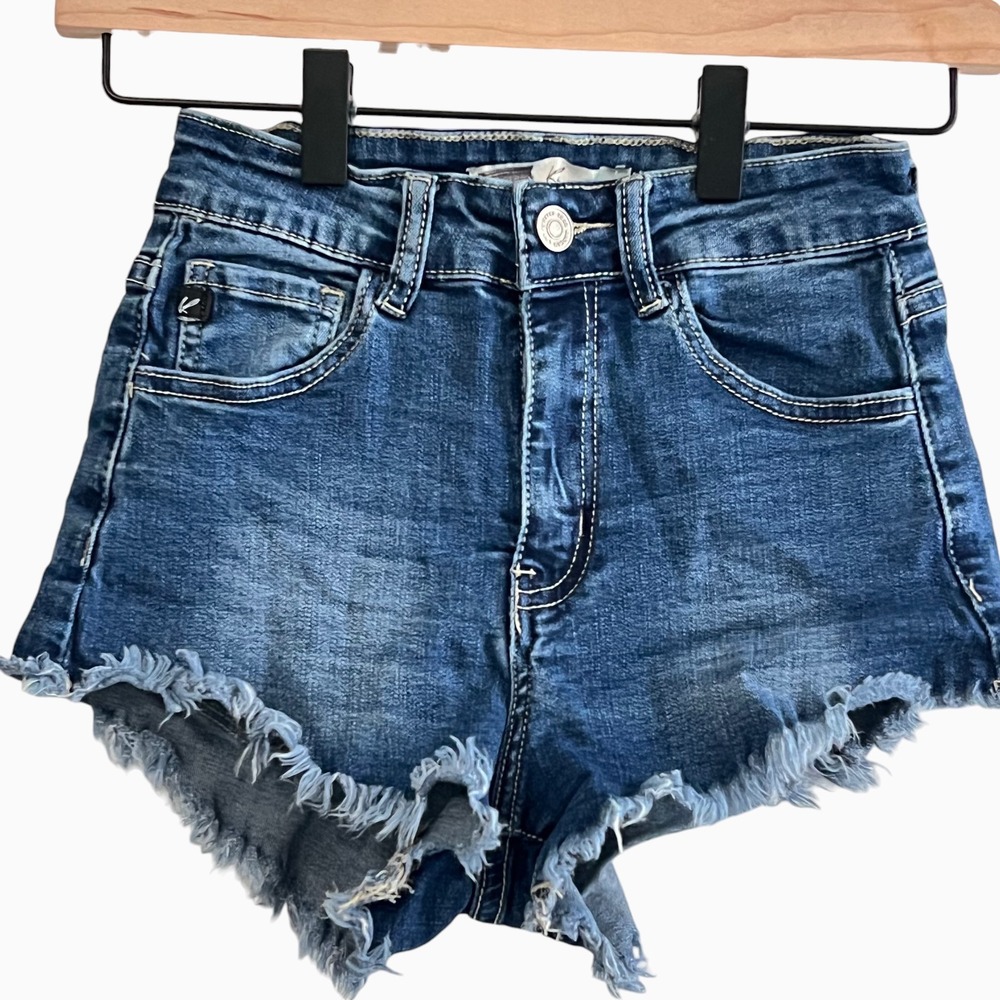 KanCan High Rise Denim Shorts Women's Size 1/24 Dark Wash Raw Frayed Hem Stretch